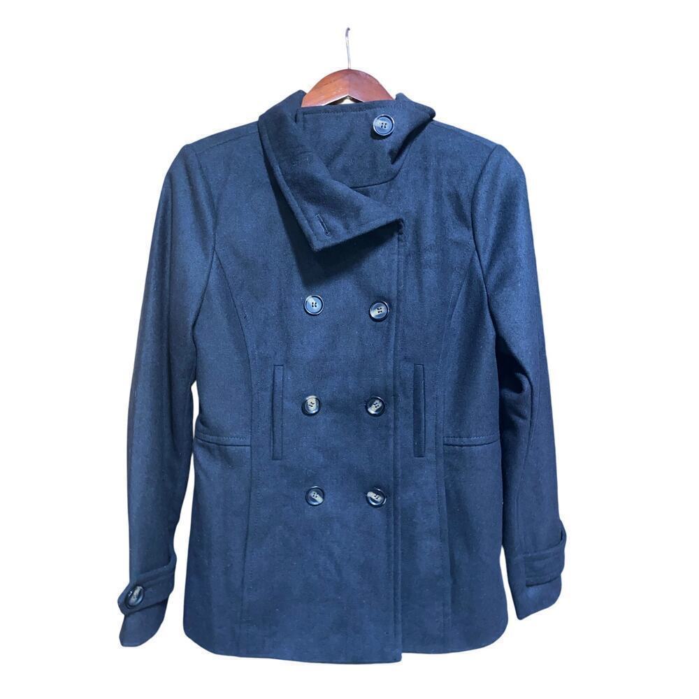 Nordstrom THREAD & SUPPLY Pea Coat Jacket Womens Sz L Black Wool‎ Blend Nautical